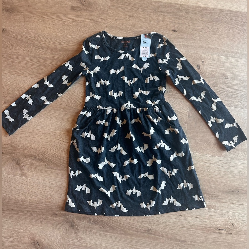 Kids Long Sleeve Black Dress with Cream Bat Print